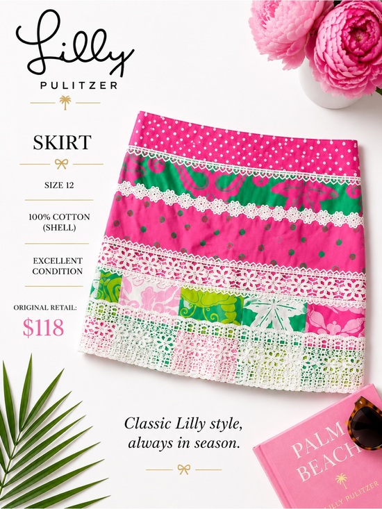 Lilly Pulitzer Dresses & Skirts - Lilly Pulitzer Pink and Green Patchwork Lace-Trim Mini Skirt